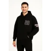 Erkek Kapüşonlu Kanguru Cepli Sweatshirt 3 İplik Pamuklu Baskılı Hoodie - Siyah