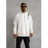 Erkek 3 İplik Pamuklu Kapüşonlu Baskılı Cepli Oversize Sweatshirt Hoodie - Beyaz