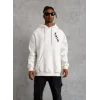 Erkek 3 İplik Pamuklu Kapüşonlu Baskılı Cepli Oversize Sweatshirt Hoodie - Beyaz