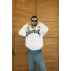 Erkek Kapüşonlu 3 İplik Şardonlu Önü Baskılı Fermuarlı Oversize Sweatshirt - Beyaz