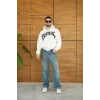 Erkek Kapüşonlu 3 İplik Şardonlu Önü Baskılı Fermuarlı Oversize Sweatshirt - Beyaz