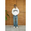 Erkek Kapüşonlu 3 İplik Şardonlu Önü Baskılı Fermuarlı Oversize Sweatshirt - Beyaz