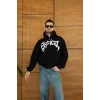 Erkek Kapüşonlu 3 İplik Şardonlu Önü Baskılı Fermuarlı Oversize Sweatshirt - Siyah