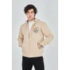 Erkek 3 İplik Pamuklu Fermuarlı Kapüşonlu Kanguru Cepli Baskılı Hoodie Hırka Sweatshirt - Bej