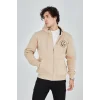 Erkek 3 İplik Pamuklu Fermuarlı Kapüşonlu Kanguru Cepli Baskılı Hoodie Hırka Sweatshirt - Bej