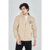 Erkek 3 İplik Pamuklu Fermuarlı Kapüşonlu Kanguru Cepli Baskılı Hoodie Hırka Sweatshirt - Bej
