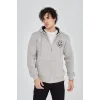 Erkek 3 İplik Pamuklu Fermuarlı Kapüşonlu Kanguru Cepli Baskılı Hoodie Hırka Sweatshirt - Boyalı Gri