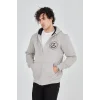 Erkek 3 İplik Pamuklu Fermuarlı Kapüşonlu Kanguru Cepli Baskılı Hoodie Hırka Sweatshirt - Boyalı Gri