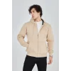 Erkek 3 İplik Pamuklu Fermuarlı Kapüşonlu Kanguru Cepli Hoodie Hırka Sweatshirt -Bej