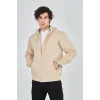 Erkek 3 İplik Pamuklu Fermuarlı Kapüşonlu Kanguru Cepli Hoodie Hırka Sweatshirt -Bej