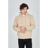 Erkek 3 İplik Pamuklu Fermuarlı Kapüşonlu Kanguru Cepli Hoodie Hırka Sweatshirt -Bej