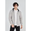 Erkek 3 İplik Pamuklu Fermuarlı Kapüşonlu Kanguru Cepli Hoodie Hırka Sweatshirt - Boyalı Gri