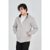 Erkek 3 İplik Pamuklu Fermuarlı Kapüşonlu Kanguru Cepli Hoodie Hırka Sweatshirt - Boyalı Gri