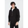 Erkek 3 İplik Pamuklu Fermuarlı Kapüşonlu Kanguru Cepli Hoodie Hırka Sweatshirt - Siyah