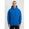 Erkek Baskılı Kapüşonlu Cepli Hoodie 3 İplik Pamuklu Sweatshirt - Saks Mavisi