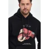 Erkek 3 İplik Pamuklu Kapüşonlu Cepli Boxy Eldiven Baskılı Hoodie Sweatshirt - Siyah