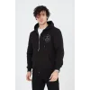Erkek 3 İplik Pamuklu Fermuarlı Kapüşonlu Kanguru Cepli Baskılı Hoodie Hırka Sweatshirt - Siyah