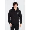 Erkek 3 İplik Pamuklu Fermuarlı Kapüşonlu Kanguru Cepli Baskılı Hoodie Hırka Sweatshirt - Siyah