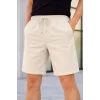 Erkek Keten Kumaş Cepli Rahat Kesim Bel Lastikli Şort - Krem