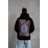 Erkek 3 İplik Pamuklu Kapüşonlu Baskılı Cepli Oversize Sweatshirt Hoodie - Siyah