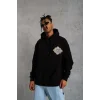 Erkek 3 İplik Pamuklu Kapüşonlu Baskılı Cepli Oversize Sweatshirt Hoodie - Siyah