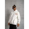 Erkek 3 İplik Pamuklu Kapüşonlu Baskılı Cepli Oversize Sweatshirt Hoodie - Beyaz