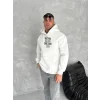 Erkek Kapüşonlu Kanguru Cepli Sweatshirt 3 İplik Pamuklu Baskılı Hoodie - Beyaz