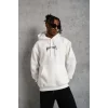 Erkek 3 İplik Pamuklu Baskılı Kapüşonlu Cepli Sweatshirt Hoodie - Beyaz