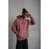 Erkek 3 İplik Pamuklu Baskılı Kapüşonlu Cepli Sweatshirt Hoodie - Gül Kurusu