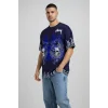 Erkek Oversize Tişört Dragon Kuru Kafa Baskılı Bisiklet Yaka T-Shirt - Lacivert