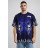 Erkek Lacivert Oversize Tişört Dragon & Kuru Kafa Baskılı Bisiklet Yaka Streetwear T-Shirt - Lacivert