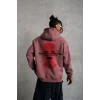 Erkek 3 İplik Pamuklu Kapüşonlu Baskılı Cepli Sweatshirt Hoodie - Gül Kurusu