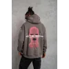 Erkek 3 İplik Pamuklu Kapüşonlu Baskılı Cepli Oversize Sweatshirt Hoodie - Gri
