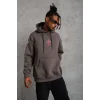 Erkek 3 İplik Pamuklu Kapüşonlu Baskılı Cepli Oversize Sweatshirt Hoodie - Gri