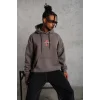 Erkek 3 İplik Pamuklu Kapüşonlu Baskılı Cepli Oversize Sweatshirt Hoodie - Gri