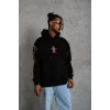 Erkek 3 İplik Pamuklu Kapüşonlu Baskılı Cepli Oversize Sweatshirt Hoodie - Siyah