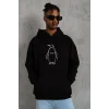 Erkek Nihilist Penguen Baskılı 3 İplik Pamuklu Kapüşonlu Sweatshirt Hoodie Siyah