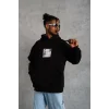 Erkek 3 İplik Pamuklu Kapüşonlu Baskılı Cepli Oversize Sweatshirt Hoodie - Siyah