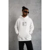 Erkek 3 İplik Pamuklu Kapüşonlu Baskılı Cepli Oversize Sweatshirt Hoodie - Beyaz