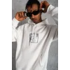 Erkek 3 İplik Pamuklu Kapüşonlu Baskılı Cepli Oversize Sweatshirt Hoodie - Beyaz