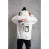 Erkek 3 İplik Pamuklu Kapüşonlu Baskılı Cepli Oversize Sweatshirt Hoodie - Beyaz