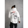 Erkek 3 İplik Pamuklu Kapüşonlu Baskılı Cepli Oversize Sweatshirt Hoodie - Beyaz