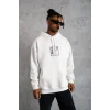 Erkek 3 İplik Pamuklu Kapüşonlu Baskılı Cepli Oversize Sweatshirt Hoodie - Beyaz