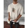 ERKEK Tişört Kısa kol Ön ve Arka Baskılı Oversize Bisiklet Yaka T-Shirt - Beyaz