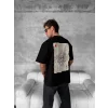 ERKEK Tişört Kısa Kol Ön ve Arka Baskılı Oversize Bisiklet Yaka T-shirt - Siyah