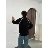 Erkek Oversize Dik Yaka Fermuarlı Sweatshirt - Zincir Nakışli Kanguru Cepli - Siyah
