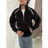 Erkek Oversize Dik Yaka Fermuarlı Sweatshirt - Zincir Nakışli Kanguru Cepli - Siyah