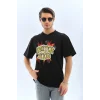 Erkek Kısa Kol Yazlık Tişört Bisiklet Yaka Baskılı Oversize T-Shirt - Siyah