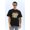 Erkek Kısa Kol Yazlık Tişört Bisiklet Yaka Baskılı Oversize T-Shirt - Siyah