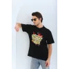 Erkek Kısa Kol Yazlık Tişört Bisiklet Yaka Baskılı Oversize T-Shirt - Siyah